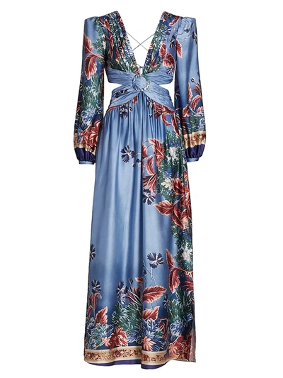 Patbo Gilly Floral Plunge Cutout Gown In Blue