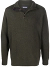Barbour Khaki-green Wool Half-zip Sweater With Ribbed Edges And Elbow Patches In Grün