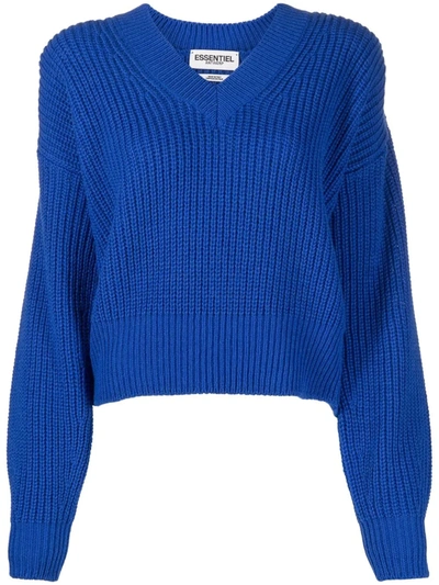 Essentiel Antwerp Ribbed-knit V-neck Jumper In Blue