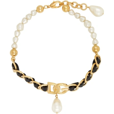 Dolce & Gabbana Choker With Dg Logo, Pearl Pendant And Leather Details In Gold