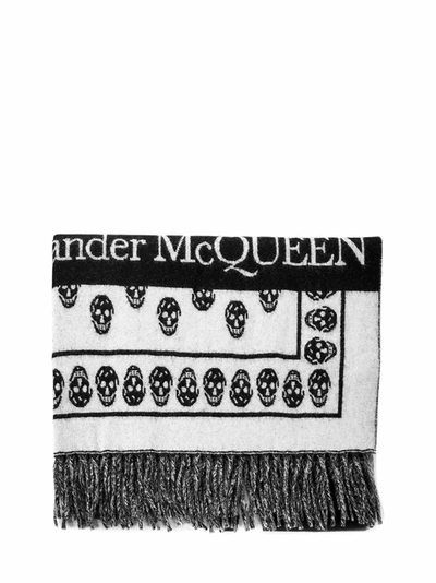 Alexander Mcqueen Skull-print Branded Wool Scarf In Black