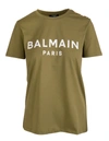 BALMAIN BALMAIN WOMAN KHAKI GREEN T-SHIRT WITH WHITE FLOCKED LOGO,WF0EF005B091 UDK