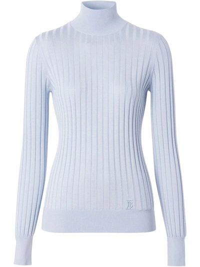 Burberry Ribbed-knit Mock-neck Top In Blau