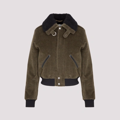 Saint Laurent Faux Shearling Collar Cotton Corduroy Bomber Jacket In Kaki