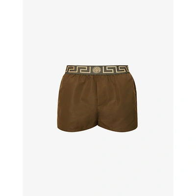 Versace Mens Khaki+gold Brand-print Shell Swim Shorts L In Khaki,gold