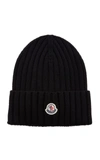 Moncler Black Wool Rib Knit Logo Beanie In Black,dark Green