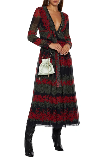 Red Valentino Belted Pintucked Floral-print Georgette Maxi Dress In Black