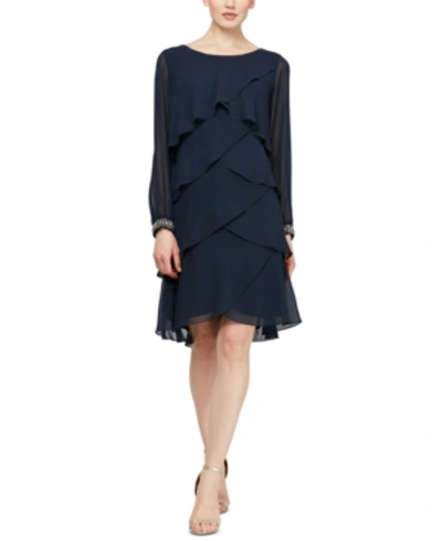 Sl Fashions Rhinestone-cuff Tiered Dress In Deep Navy