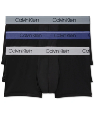 Calvin Klein Men's 3-pk. Micro Stretch Moisture-wicking Low-rise Trunks In Black Bodies W/ Bayou Blue, Antique Grey, Durango Blue
