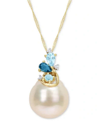 Macy's Cultured South Sea Pearl (9-10mm), Blue Topaz (5/8 Ct. T.w.), & Diamond Accent 17" Pendant Necklace In Yellow Gold