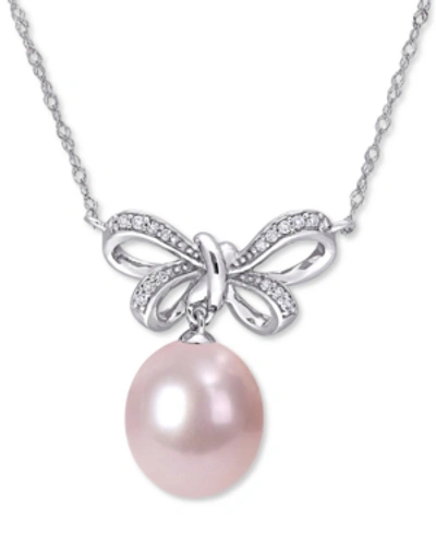 Macy's Black Cultured Tahitian Pearl (9-1/2-10mm) & Diamond (1/10 Ct. T.w.) Bow 17" Pendant Necklace In 10k In Pink
