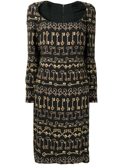 Pre-owned Dolce & Gabbana Key-print Midi Dress In Black