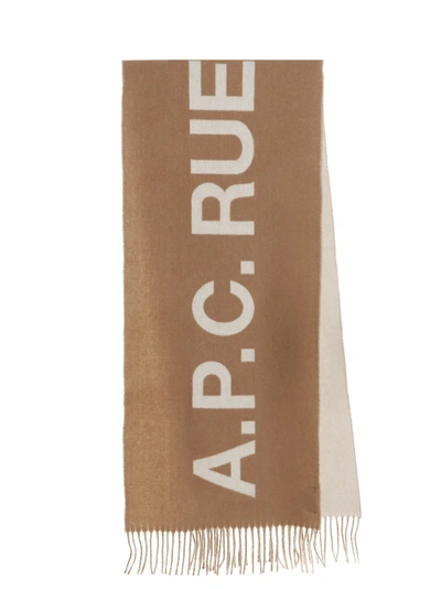 Apc Jacquard Logo Wool Fringed Scarf In Beige