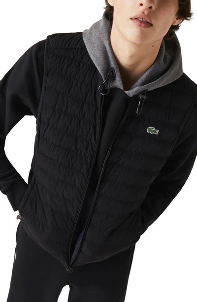 Lacoste Crinkled Water Resistant Quilted Packable Vest In Black