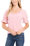 Cece Ruffle Neck Puff Sleeve Top In Mountain Rose