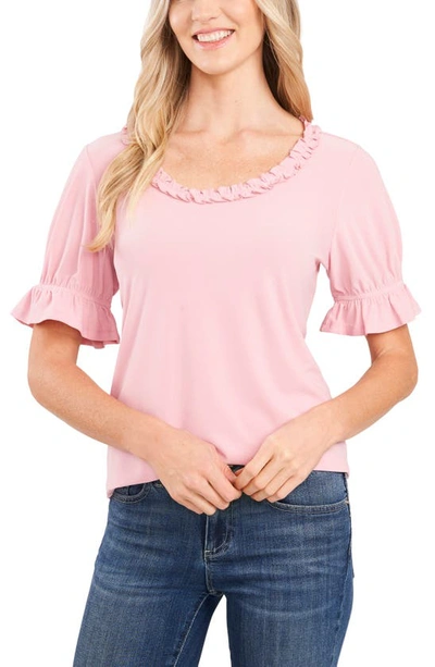 Cece Ruffle Neck Puff Sleeve Top In Mountain Rose