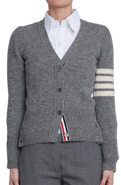 Thom Browne Four Bar Stripe Merino Wool V-neck Cardigan In Med Grey