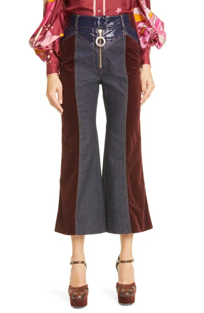 Zimmermann Concert Spliced Mixed Media High Waist Crop Flare Jeans In Denim Burgundy