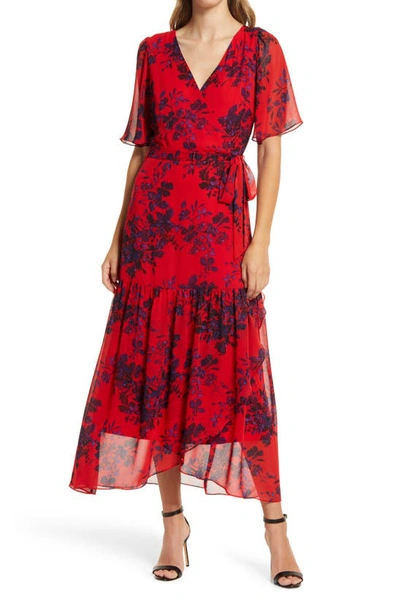 Donna Ricco Floral Faux Wrap Flutter Sleeve Dress In Red Multi