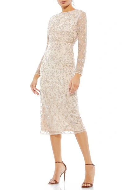 Mac Duggal Floral Beaded Long Sleeve Sheath Dress In Porcelain