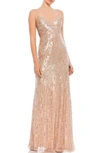 Mac Duggal Sequin Crossover Front Spaghetti Strap Gown In Rose Gold