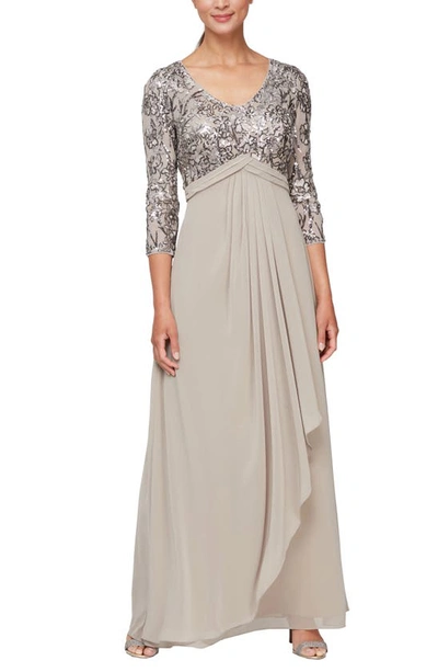 Alex Evenings Sequin Three-quarter Sleeve Gown In Mink