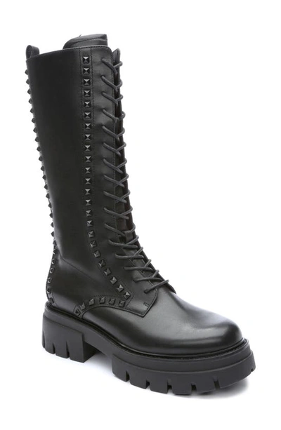 Ash Lullaby Studded Leather Tall Combat Boots In Black