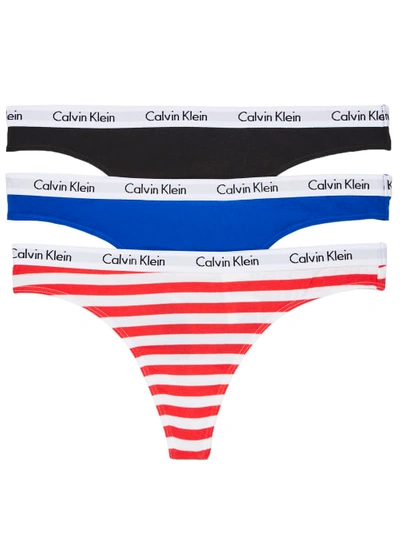 Calvin Klein Carousel Thong 3-pack In Black,blue,stripe