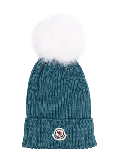 Moncler Kids' Logo Patch Pompom Beanie In Turquoise