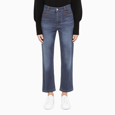 Chloé Logo-print Topstitched Straight-leg Cropped Jeans In Blue