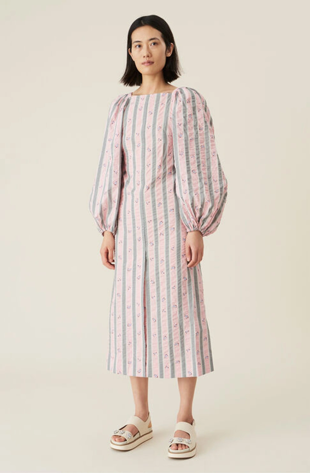 ganni cotton seersucker dress GANNI Seersucker Check V-Neck Mini Dress