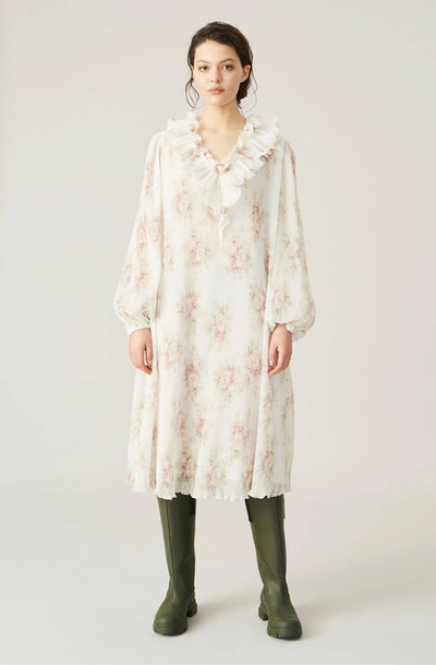 Ganni Recycled Pleated Georgette V-neck Midi Dress Egret