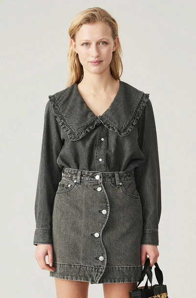 Ganni Ruffled Organic Cotton And Lyocell-blend Denim Top In Sharkskin