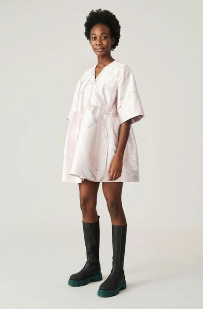 ganni jacquard mini wrap dress Ganni Shiny Jacquard Wrap Dress Pale Lilac Size L/xl