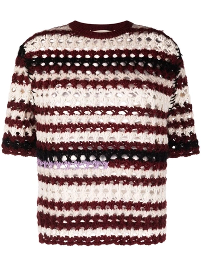 Marni Striped Wool Blend Crochet Sweater In Bordeaux