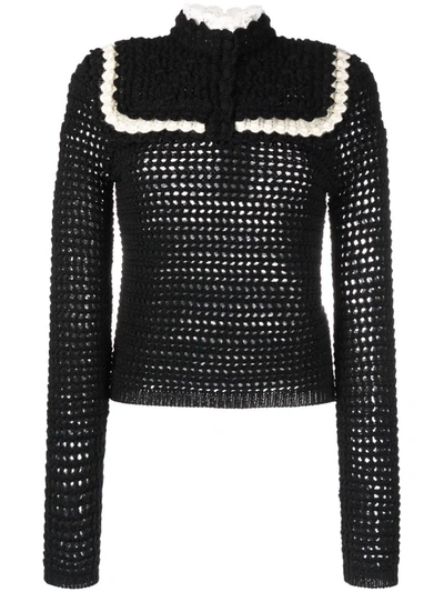 Saint Laurent Lace Collar Wool Crochet Sweater In Nero-natural