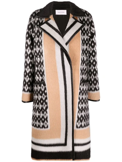 Valentino Monogram-print Leather-trim Wool-blend Coat In Black