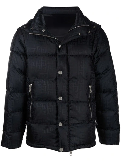 Balmain Black Nylon Down Jacket With Allover Monogram Logo Print In Multicolor