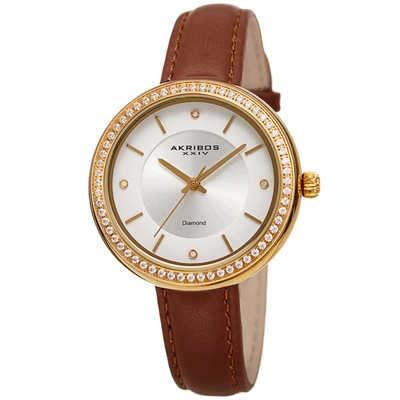 Akribos Xxiv Quartz Diamond Crystal White Dial Ladies Watch Ak1067br In Brown / Gold Tone / White