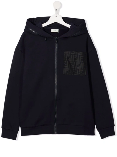 Fendi Teen Logo-pocket Zip-front Hoodie In Blue