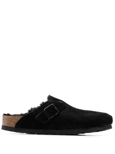 Birkenstock Shearling Buckle Detail Narrow Fit Sandals In Black