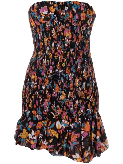 Saint Laurent Strapless Smocked Floral Mini Dress In Multicolor