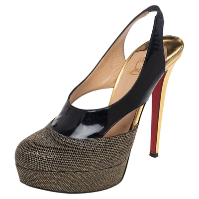 Pre-owned Christian Louboutin Black/gold Patent And Metallic Mesh Platform Slingback Pumps Size 38.5