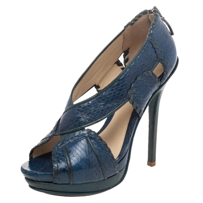 Pre-owned Alexandre Birman Blue/green Python And Leather Peep Toe Platform Pumps Size 38