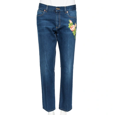 Pre-owned Gucci Blue Denim Tiger & Flower Embroidered Detail Regular Fit Jeans L