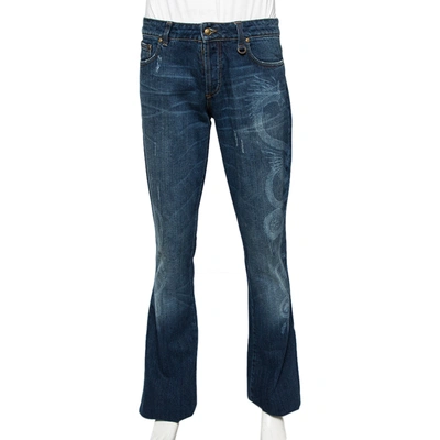 Pre-owned Roberto Cavalli Blue Dragon Effect Denim Boot Cut Jeans S