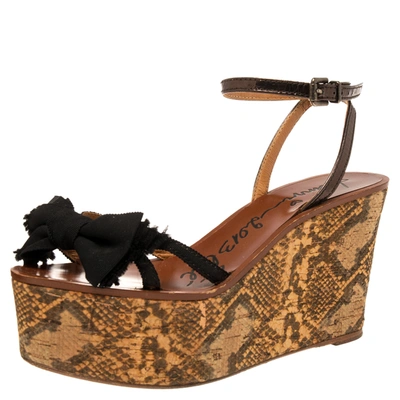 Pre-owned Lanvin Metallic/black Canvas And Leather Bow Python Print Platform Wedge Sandals Size 39