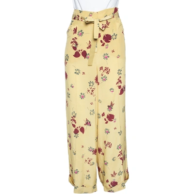 Pre-owned Valentino Yellow Crepe De Chine Floral Print Palazzo Trousers L