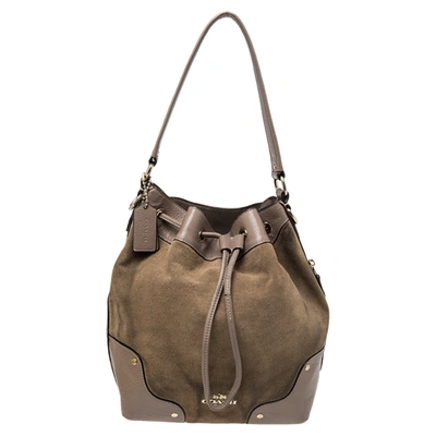 Pre-owned Coach Beige/taupe Suede And Leather Drawstring Bucket 