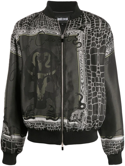 Just Cavalli “engraved Crocco” Print Bomber Jacket In Green